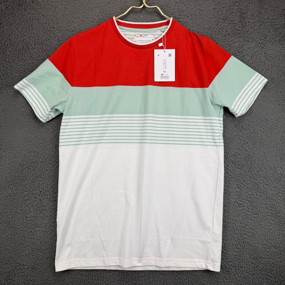 Denim & Flower Ricky Singh Mens Small Colorblock Striped Crewneck T-Shirt Red
